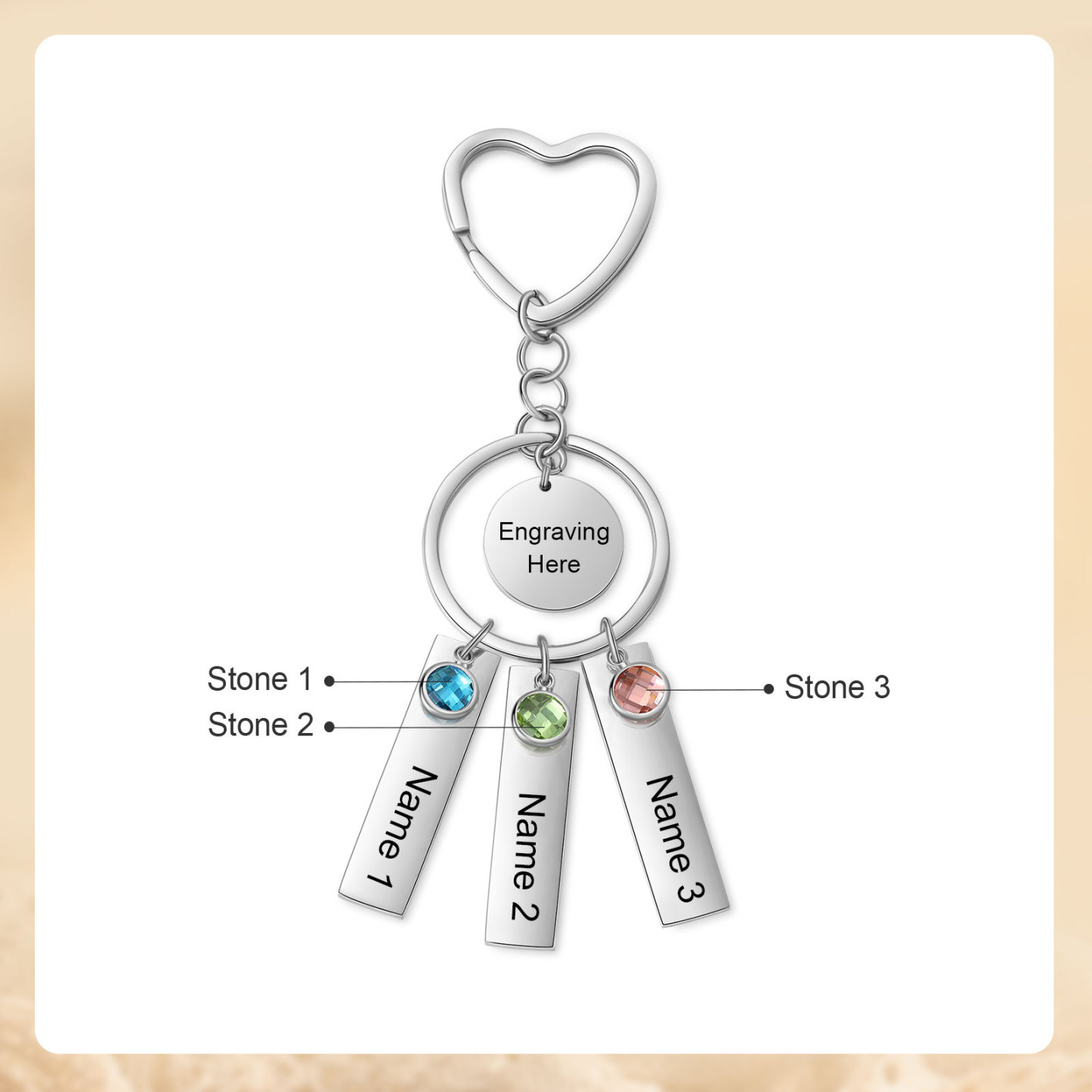 3 Names - Personalized Birthstone Love Pendant Design Keychain Hook Engraving Special Gift for Mum