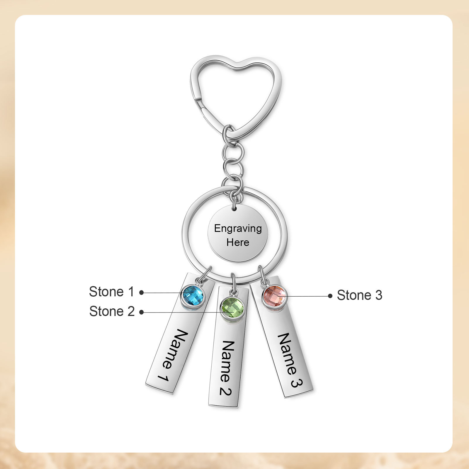 3 Names - Personalized Birthstone Love Pendant Design Keychain Hook Engraving Special Gift for Mum
