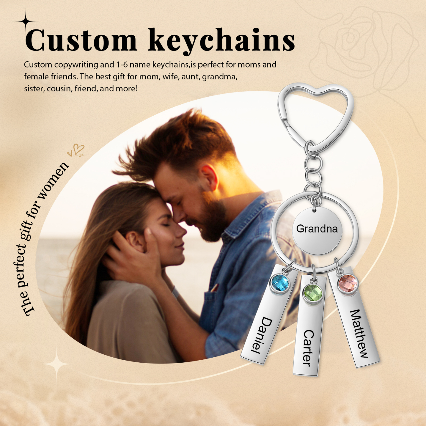 3 Names - Personalized Birthstone Love Pendant Design Keychain Hook Engraving Special Gift for Mum