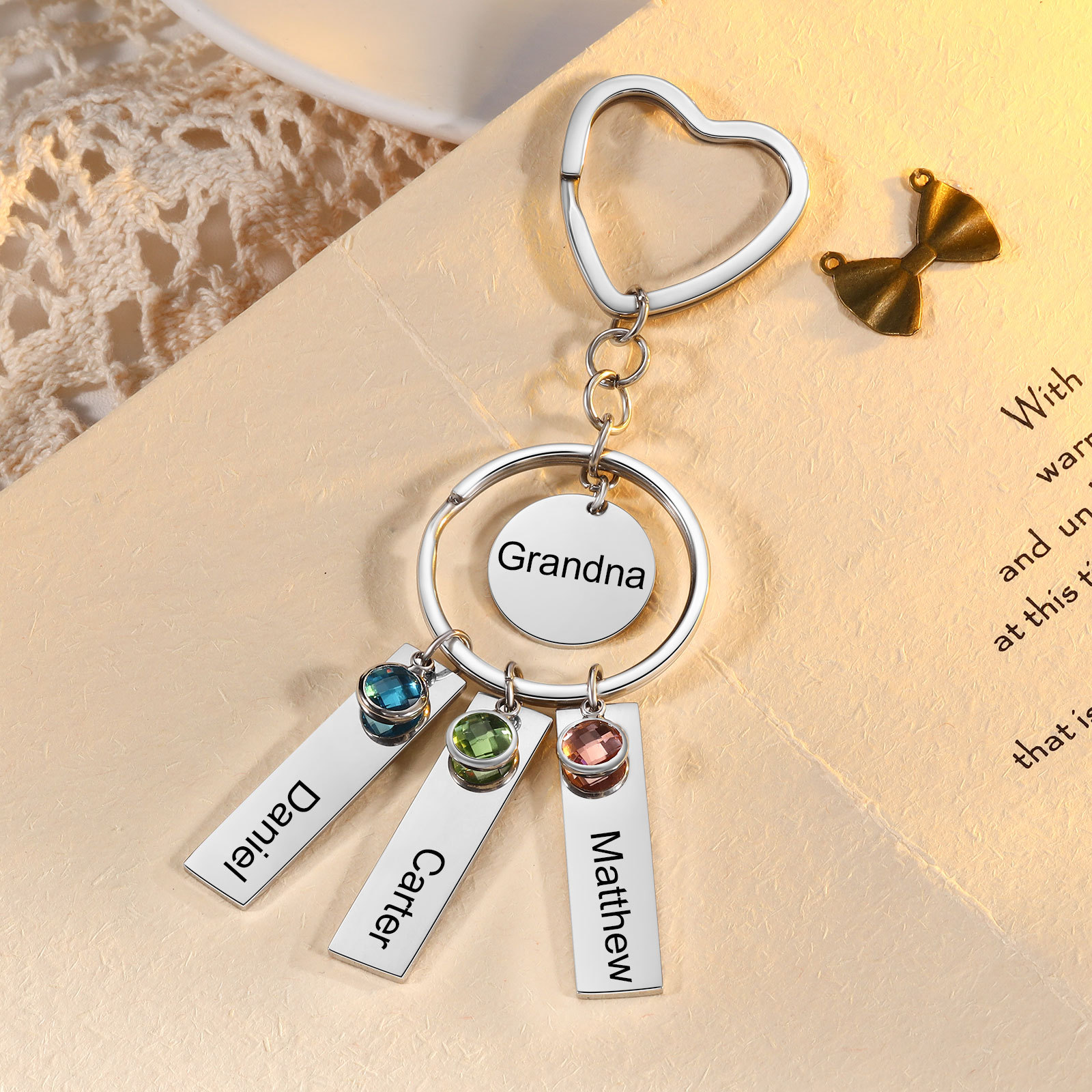 3 Names - Personalized Birthstone Love Pendant Design Keychain Hook Engraving Special Gift for Mum