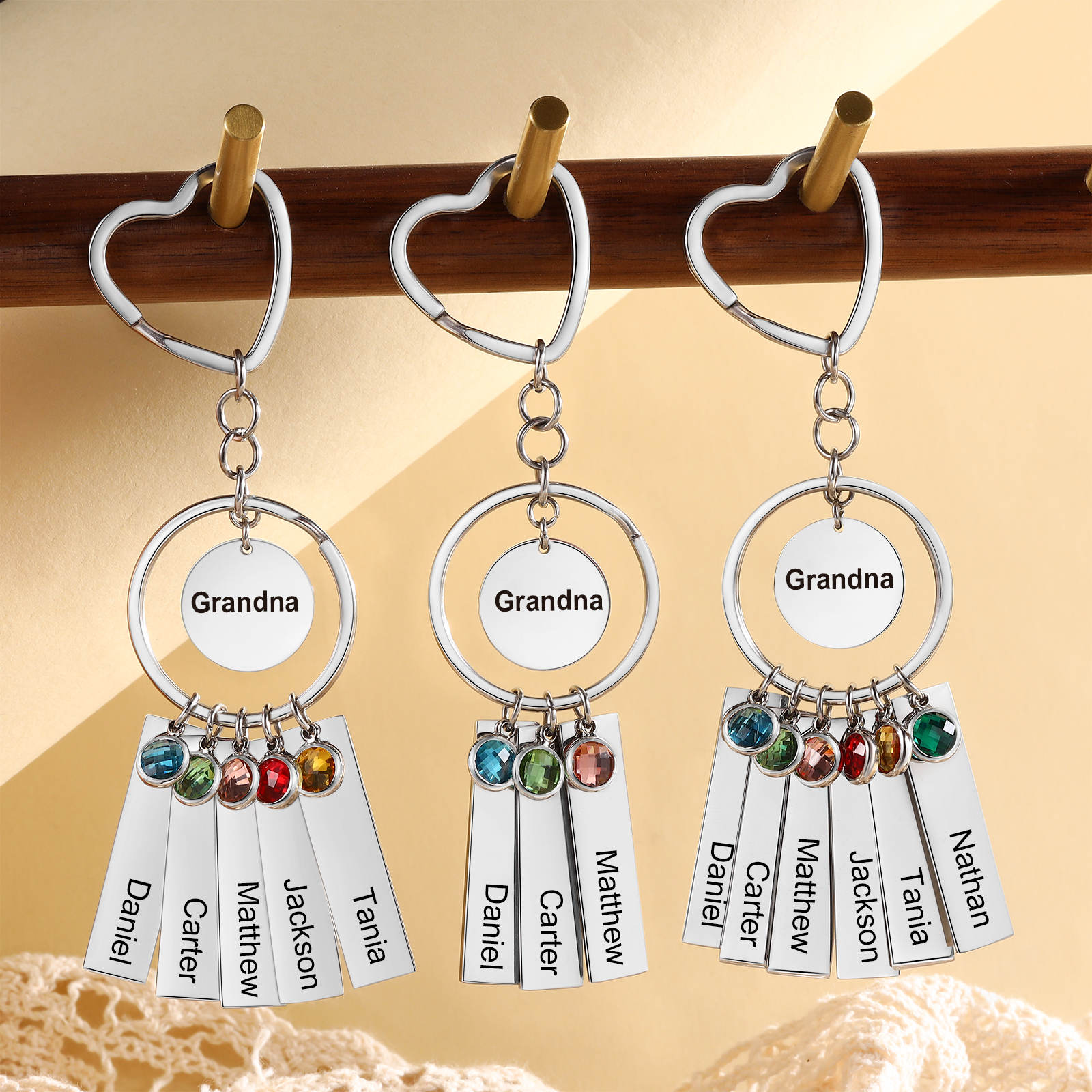 3 Names - Personalized Birthstone Love Pendant Design Keychain Hook Engraving Special Gift for Mum
