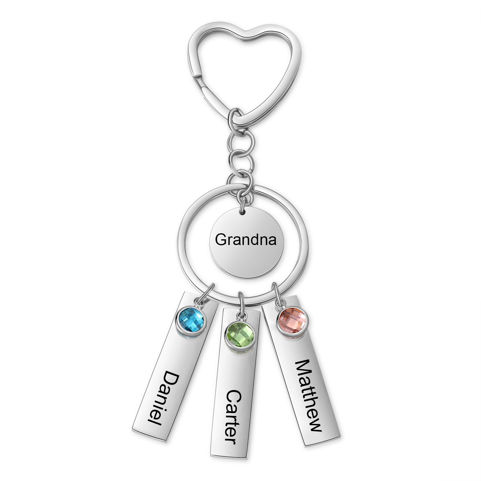 3 Names - Personalized Birthstone Love Pendant Design Keychain Hook Engraving Special Gift for Mum