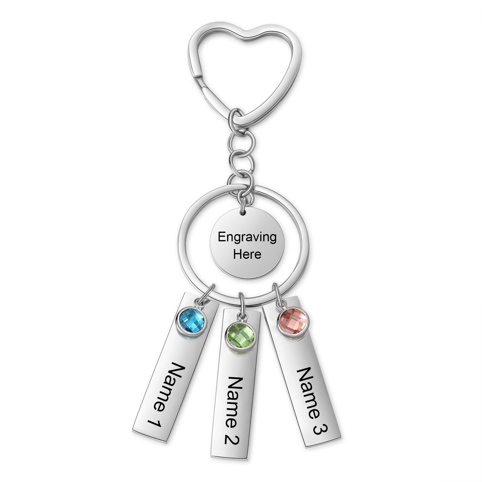 3 Names - Personalized Birthstone Love Pendant Design Keychain Hook Engraving Special Gift for Mum
