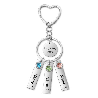3 Names - Personalized Birthstone Love Pendant Design Keychain Hook Engraving Special Gift for Mum