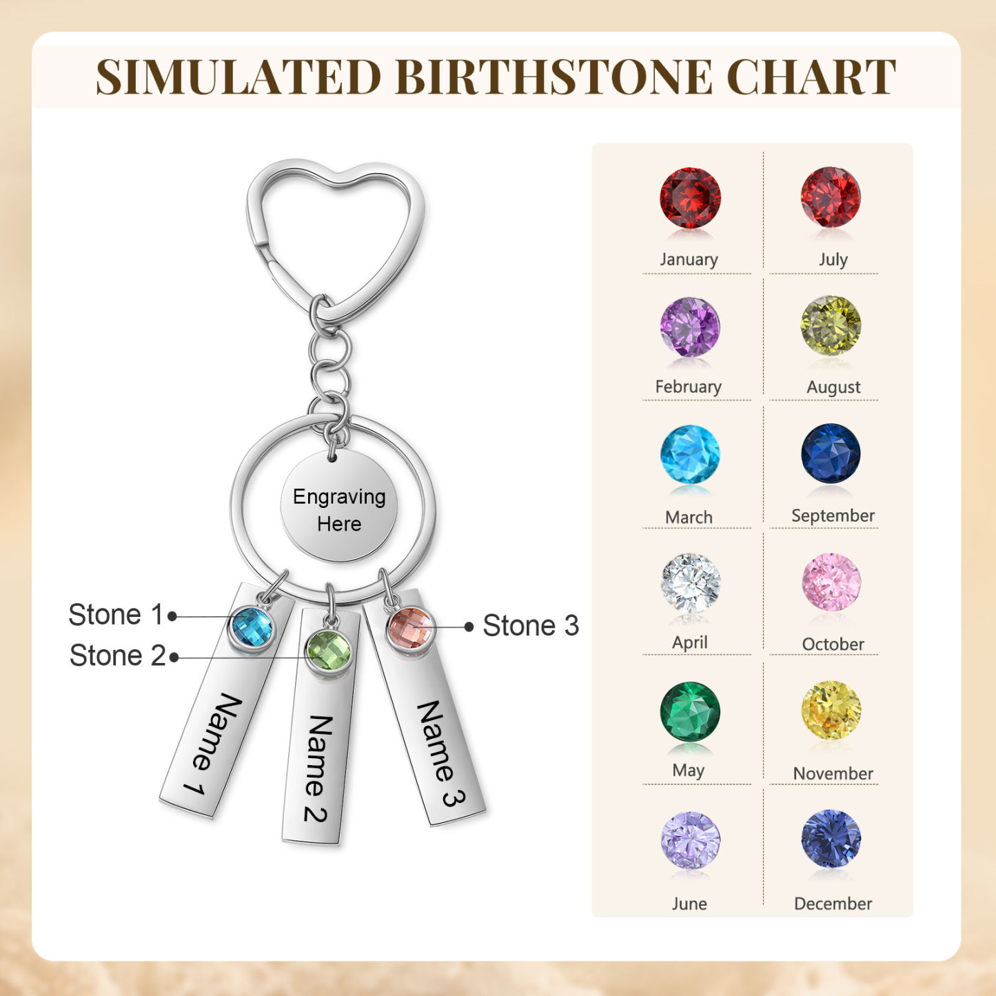 3 Names - Personalized Birthstone Love Pendant Design Keychain Hook Engraving Special Gift for Mum