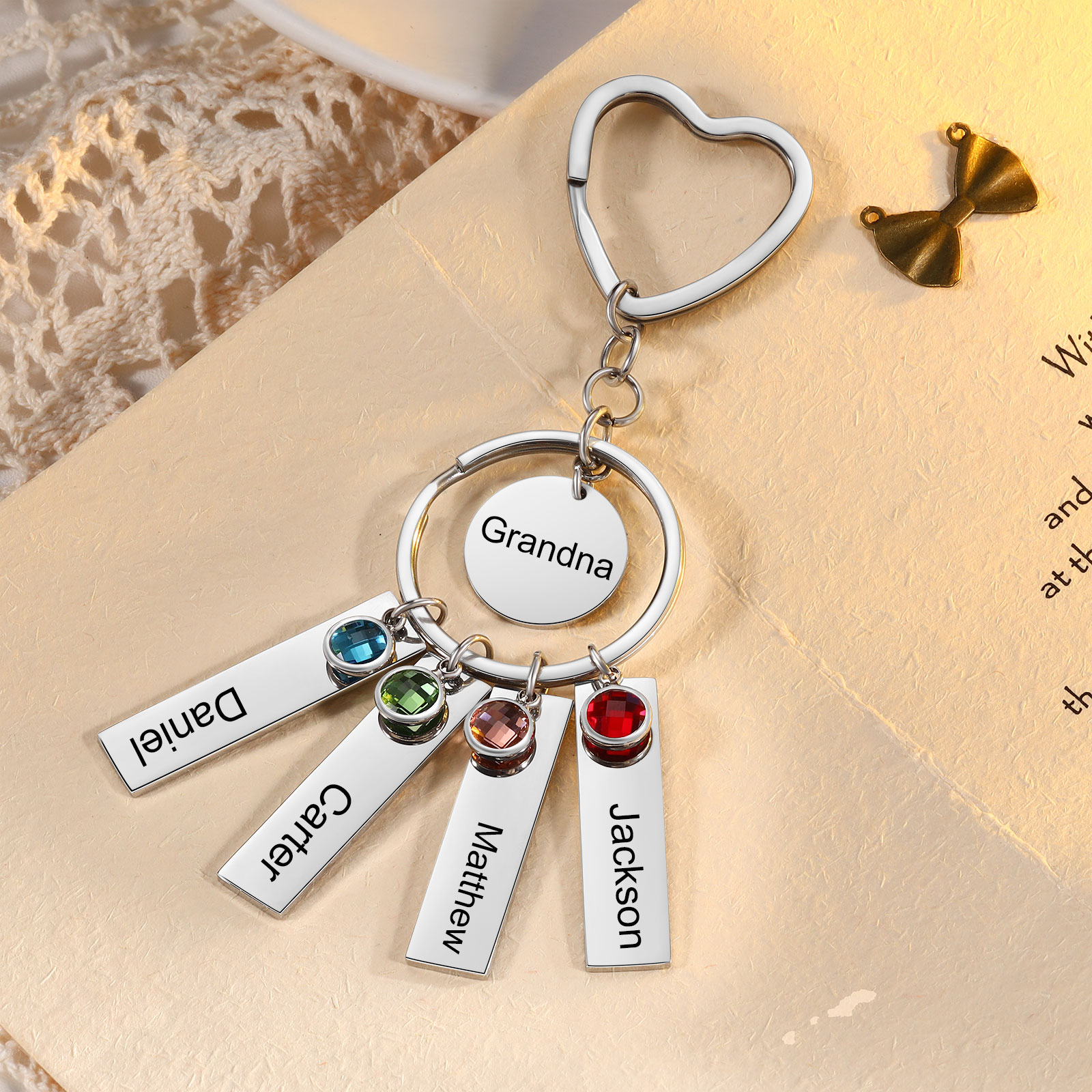 4 Names - Personalized Birthstone Love Pendant Design Keychain Hook Engraving Special Gift for Mum
