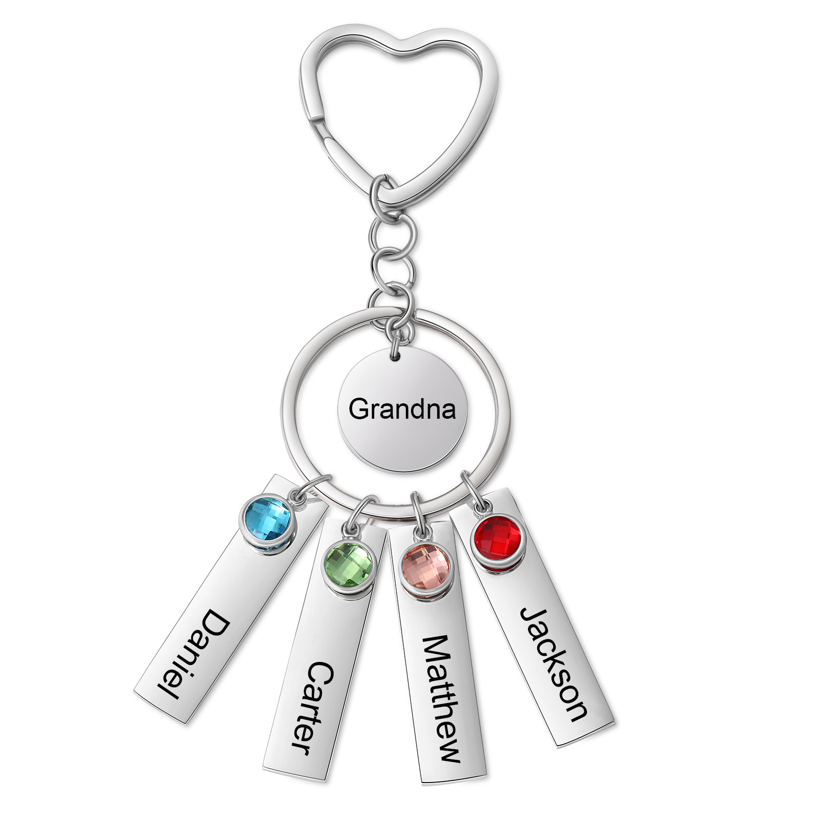 4 Names - Personalized Birthstone Love Pendant Design Keychain Hook Engraving Special Gift for Mum