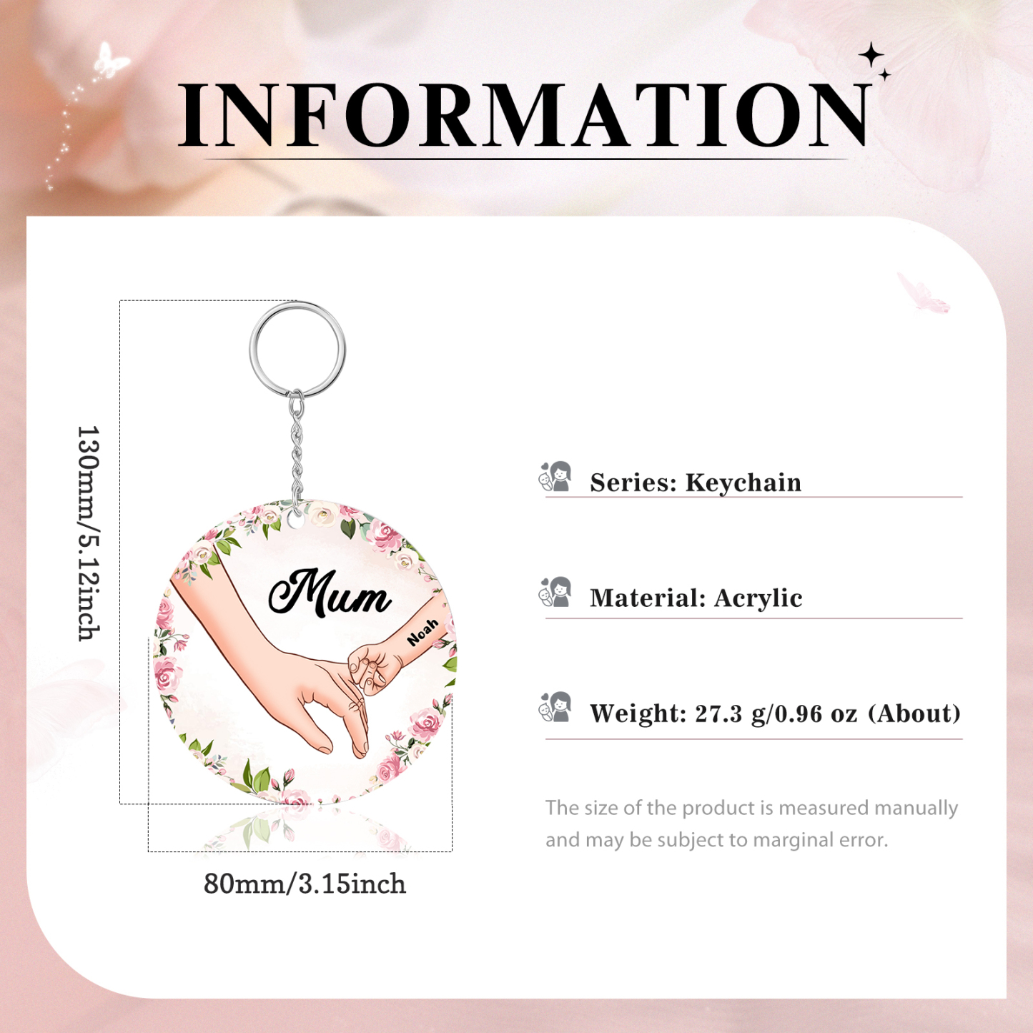 1 Name Personalised Keychain Custom 1 Name and 1 Text Holding Hands Keychain for Mum/Nana