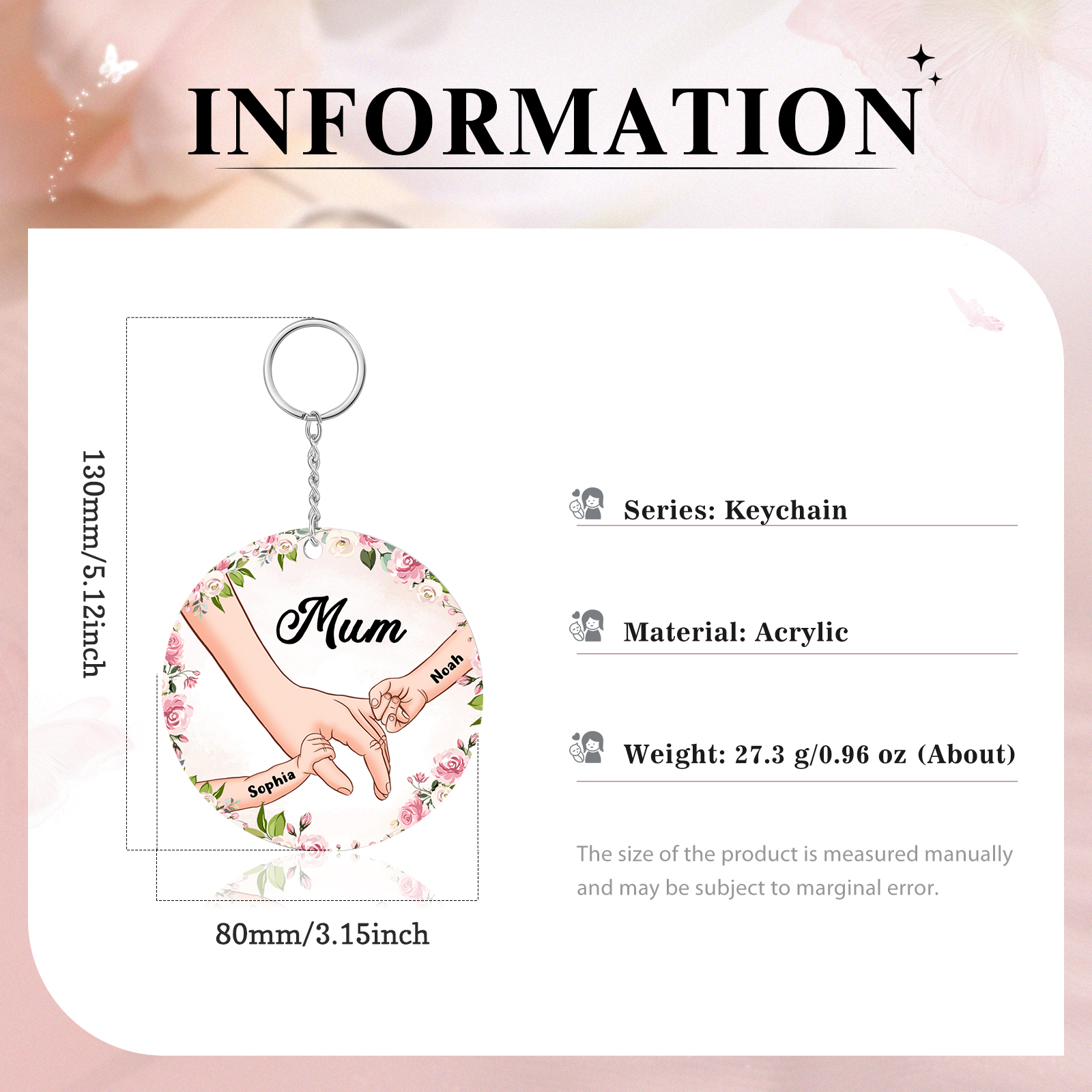 2 Names-Personalised Keychain Custom 2 Names and 1 Text Holding Hands Keychain for Mum/Nana