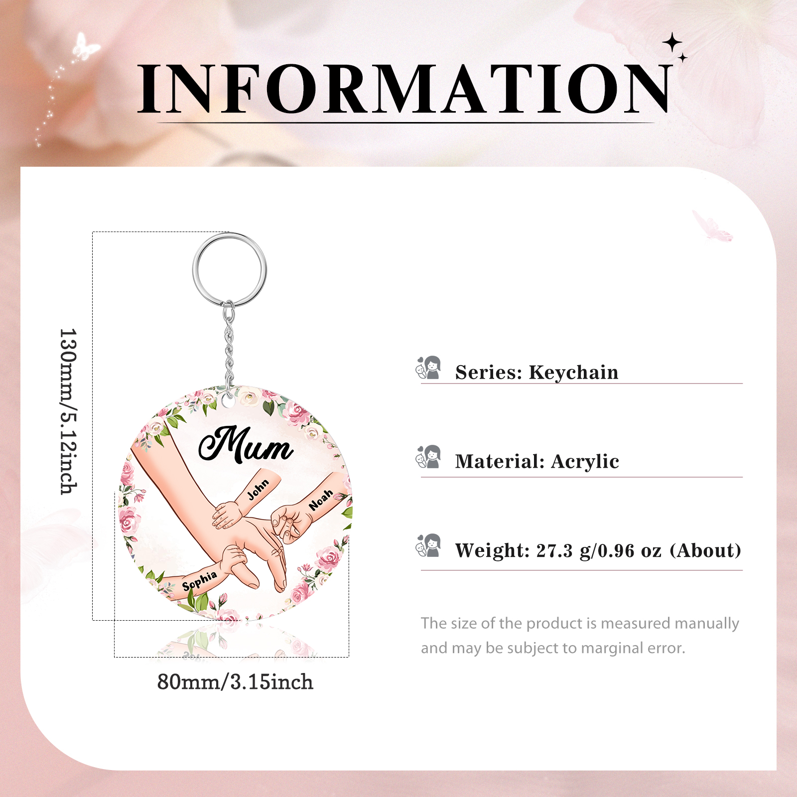 3 Names-Personalised Keychain Custom 3 Names and 1 Text Holding Hands Keychain for Mum/Nana