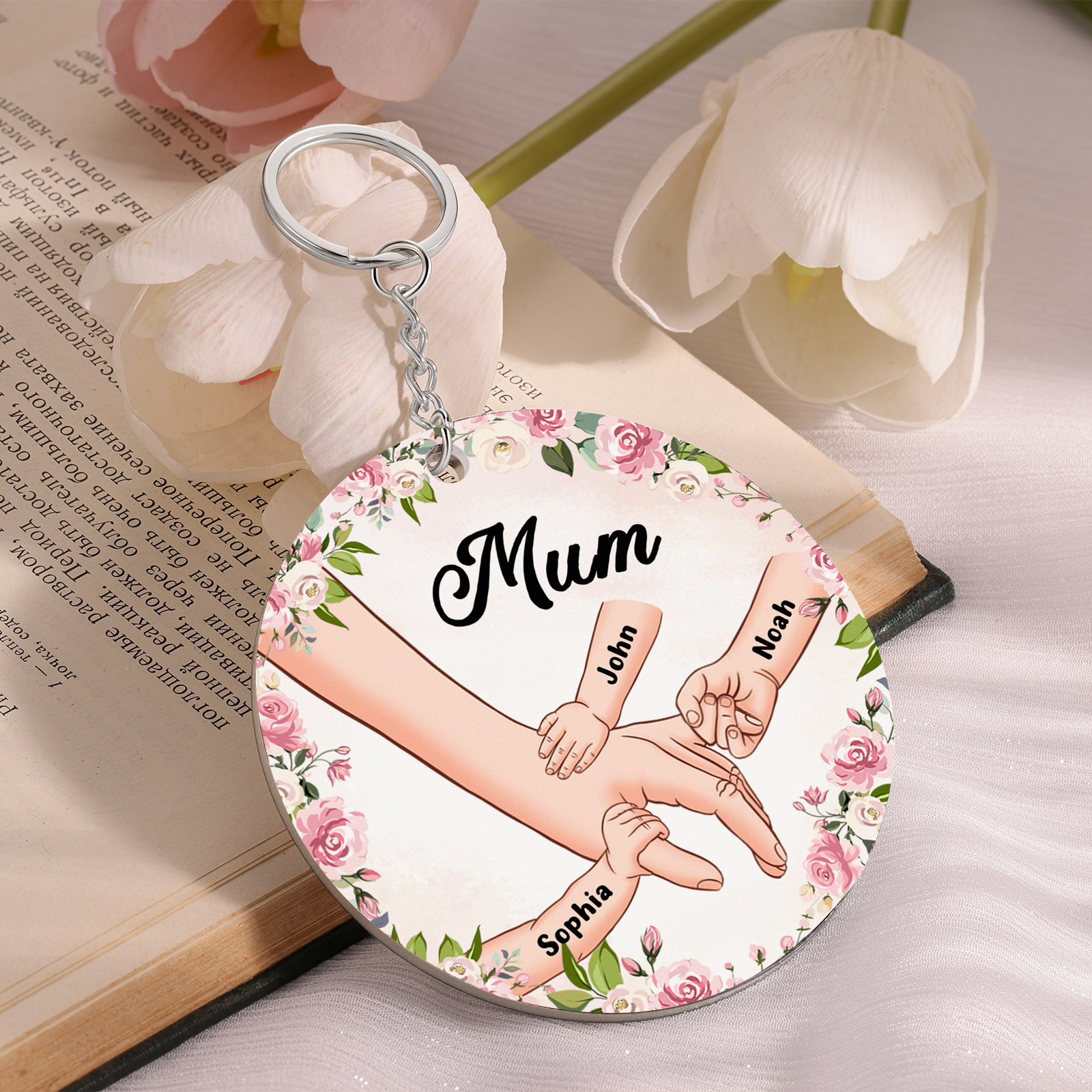 3 Names-Personalised Keychain Custom 3 Names and 1 Text Holding Hands Keychain for Mum/Nana