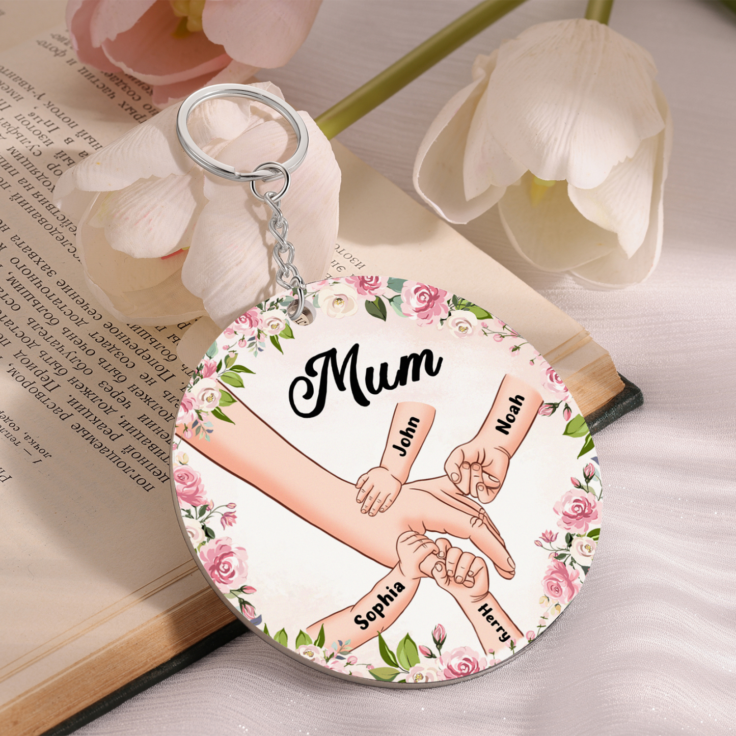 4 Names-Personalised Keychain Custom 4 Names and 1 Text Holding Hands Keychain for Mum/Nana