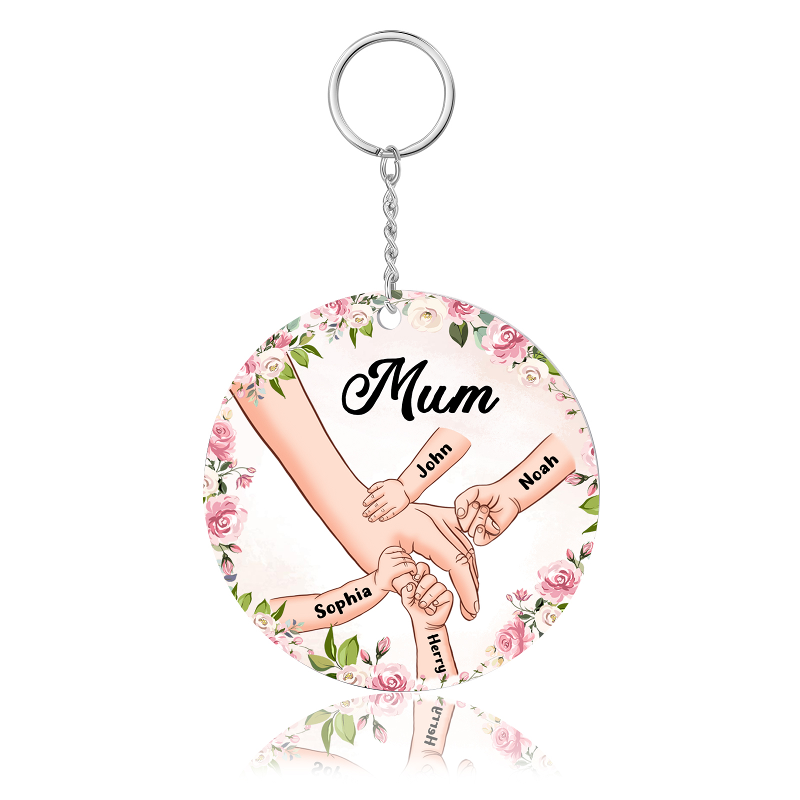 4 Names-Personalised Keychain Custom 4 Names and 1 Text Holding Hands Keychain for Mum/Nana