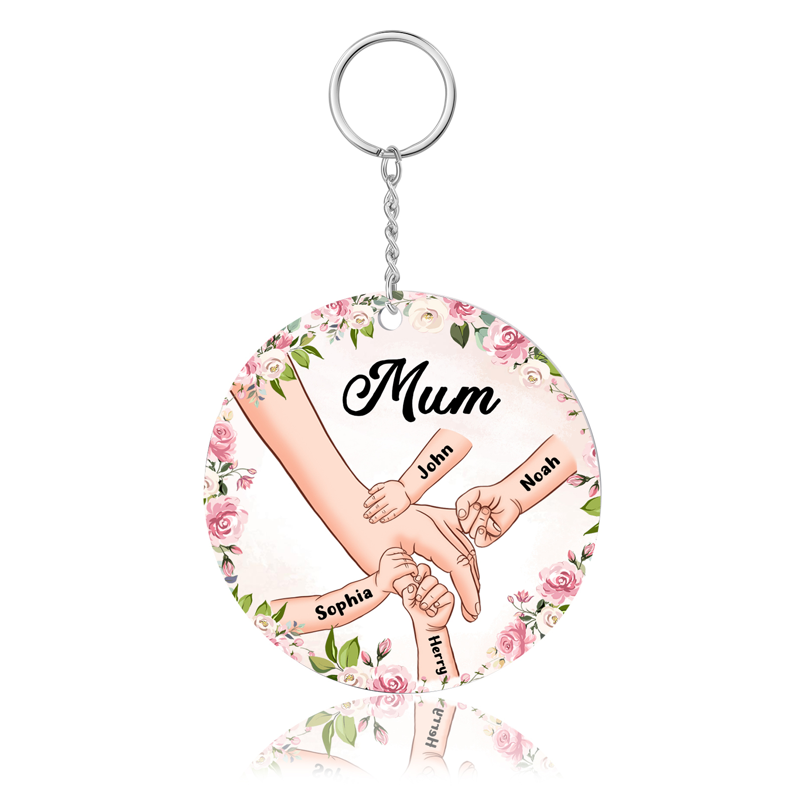 4 Names-Personalised Keychain Custom 4 Names and 1 Text Holding Hands Keychain for Mum/Nana