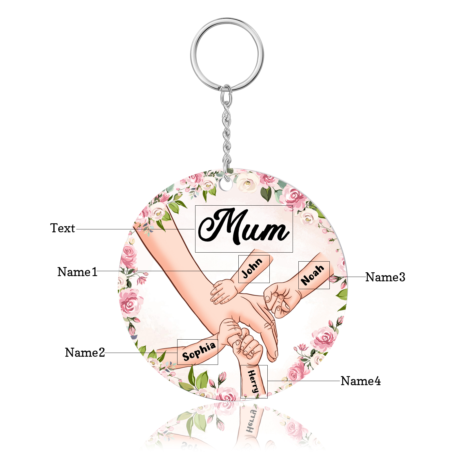 4 Names-Personalised Keychain Custom 4 Names and 1 Text Holding Hands Keychain for Mum/Nana