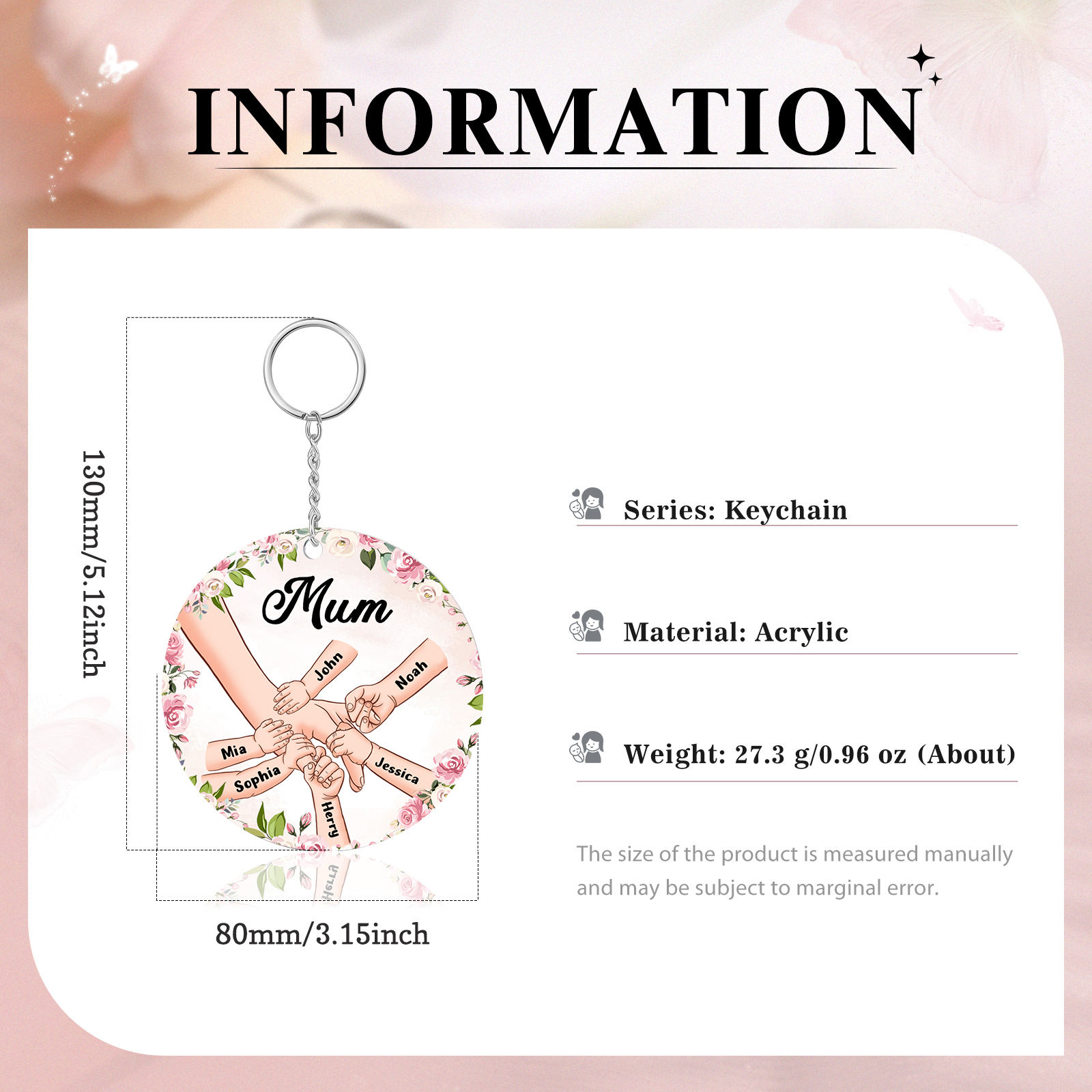 6 Names-Personalised Keychain Custom 6 Names and 1 Text Holding Hands Keychain for Mum/Nana