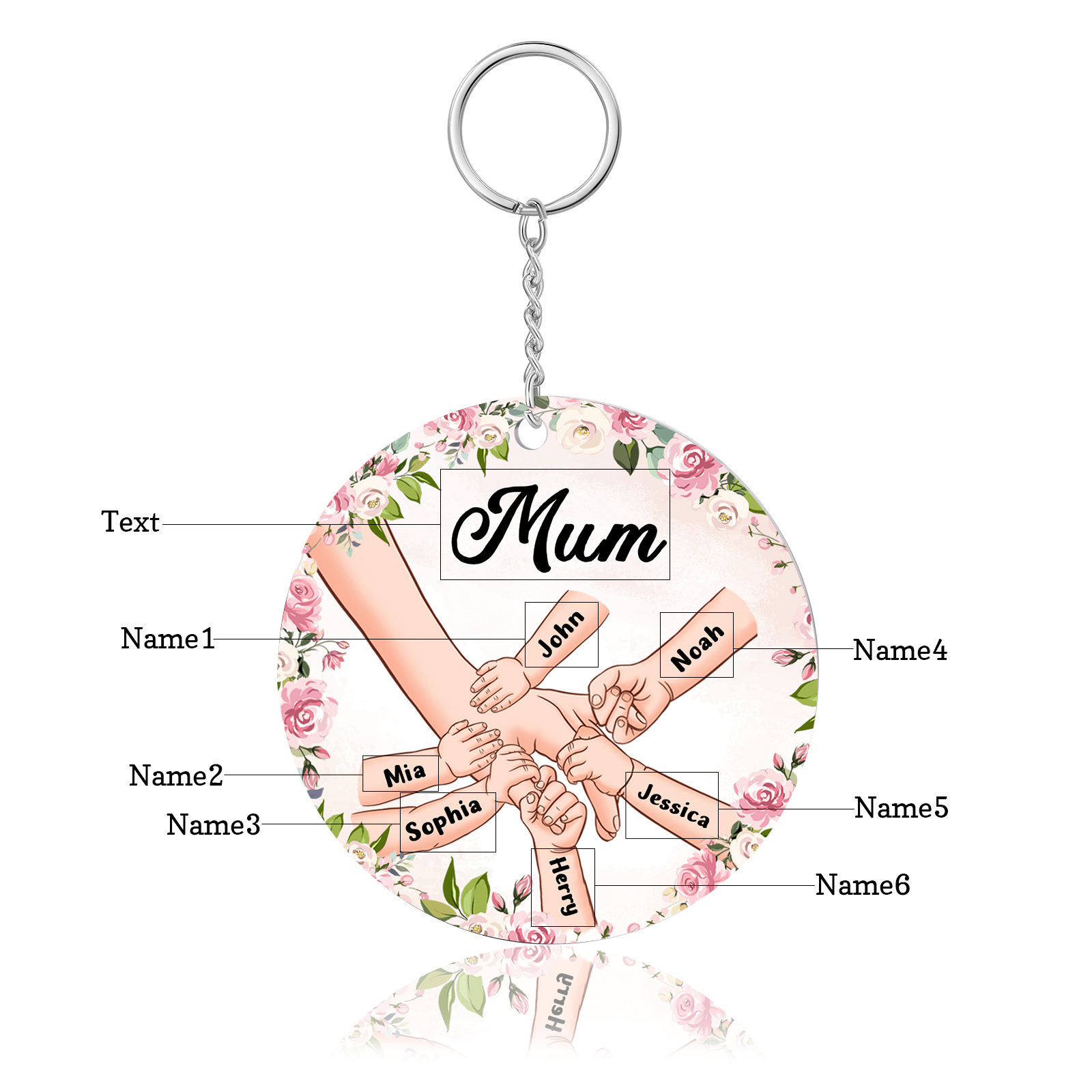 6 Names-Personalised Keychain Custom 6 Names and 1 Text Holding Hands Keychain for Mum/Nana