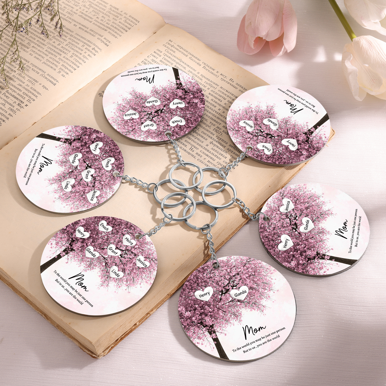 6 Names-Personalized Tree Of Life Customized 6 Names and 2 Text Keychain Family Tree Keychain for Mum