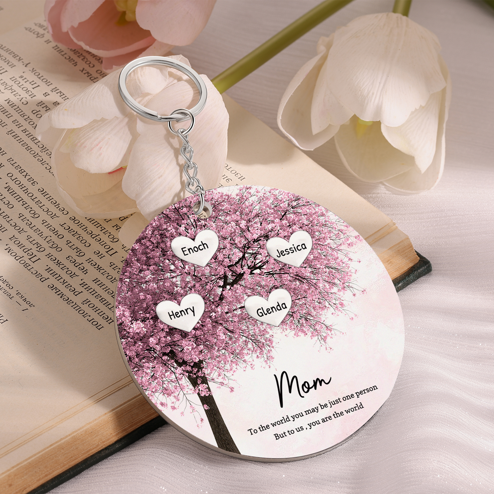 4 Names-Personalized Tree Of Life Customized 4 Names and 2 Text Keychain Family Tree Keychain for Mom