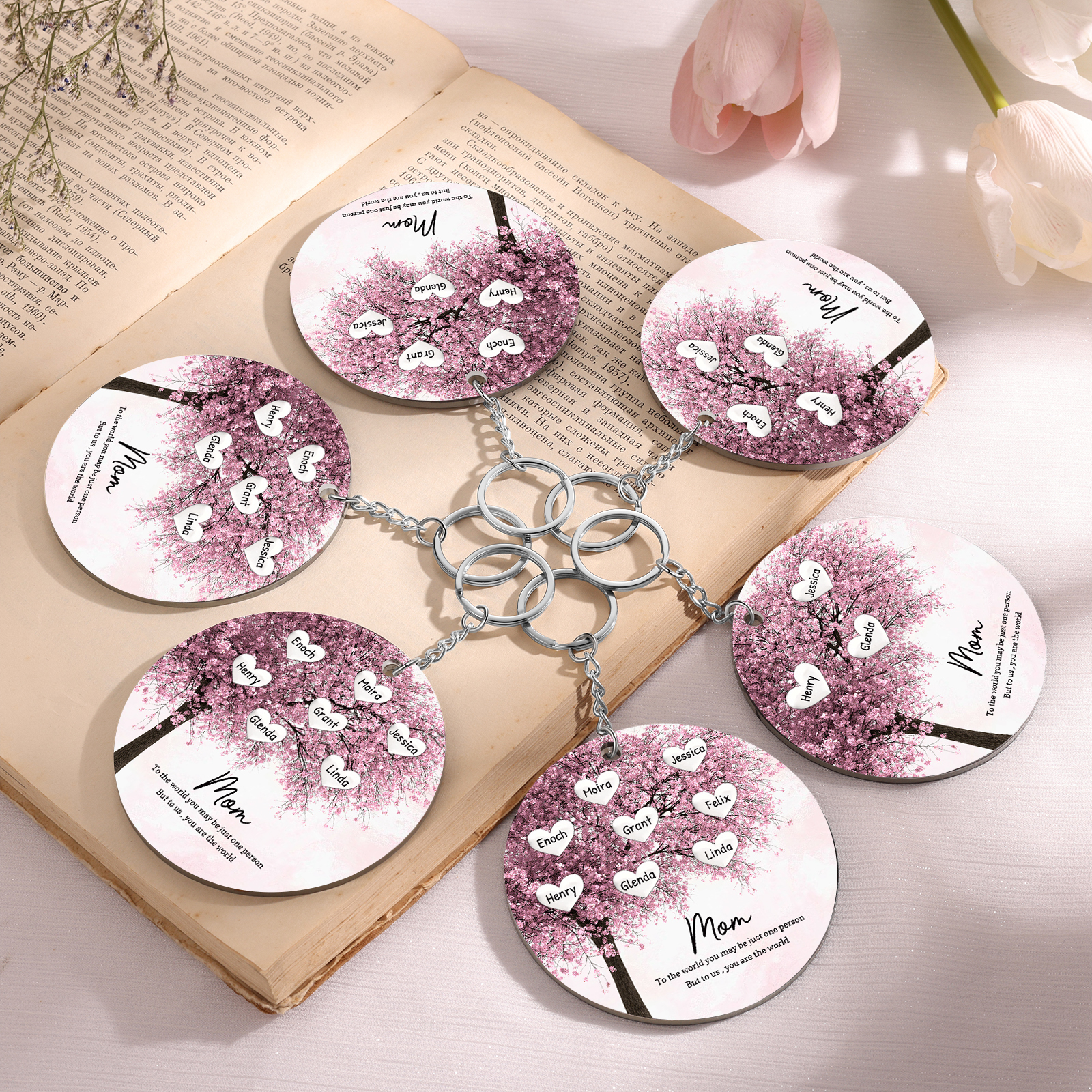 8 Names-Personalized Tree Of Life Customized 8 Names and 2 Text Keychain Family Tree Keychain for Mum