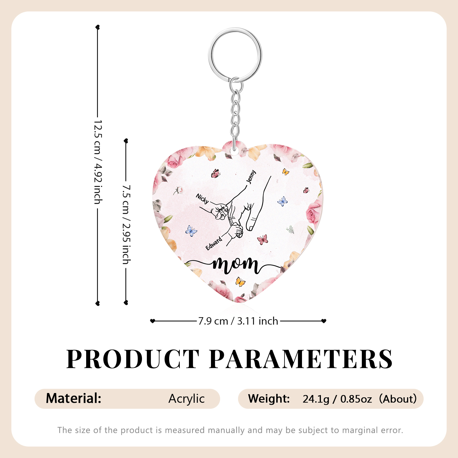 3 Names - Personalized Keychain Customized 3 Names and 1 Text Hand in Hand Keychain Gift for Mum/Nana