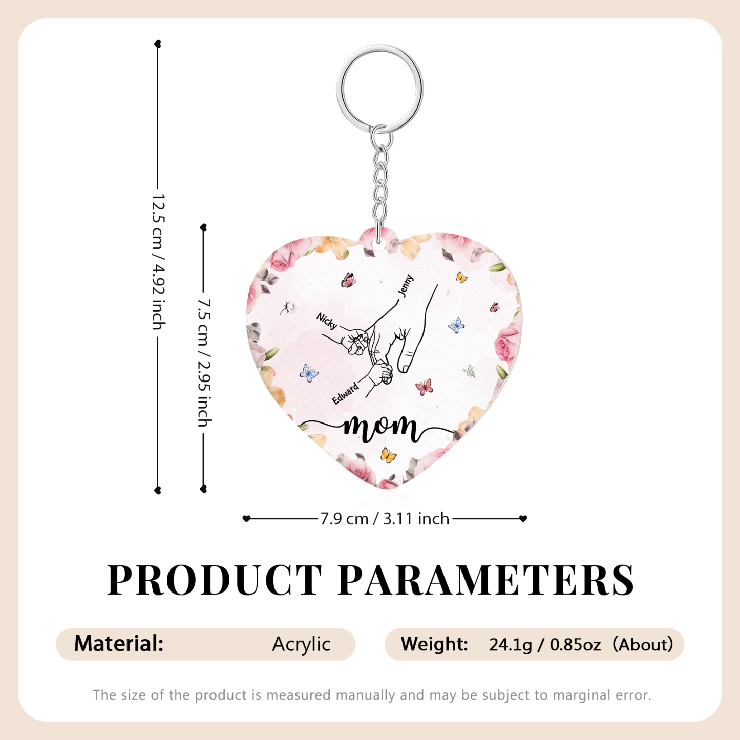 3 Names - Personalized Keychain Customized 3 Names and 1 Text Hand in Hand Keychain Gift for Mum/Nana