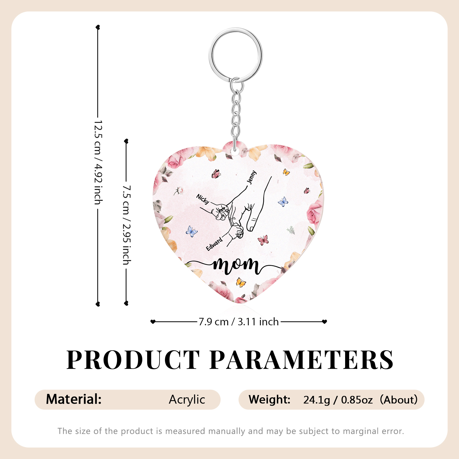 3 Names - Personalized Keychain Customized 3 Names and 1 Text Hand in Hand Keychain Gift for Mum/Nana