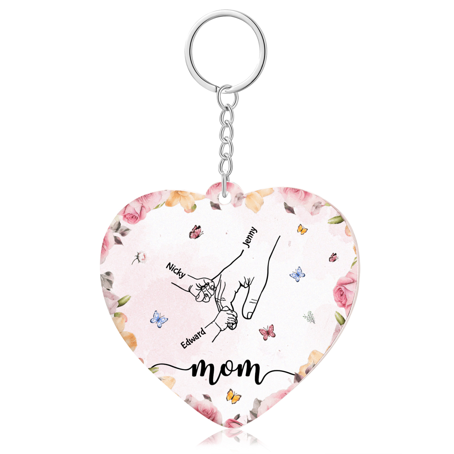 3 Names - Personalized Keychain Customized 3 Names and 1 Text Hand in Hand Keychain Gift for Mum/Nana