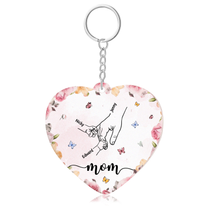 3 Names - Personalized Keychain Customized 3 Names and 1 Text Hand in Hand Keychain Gift for Mum/Nana