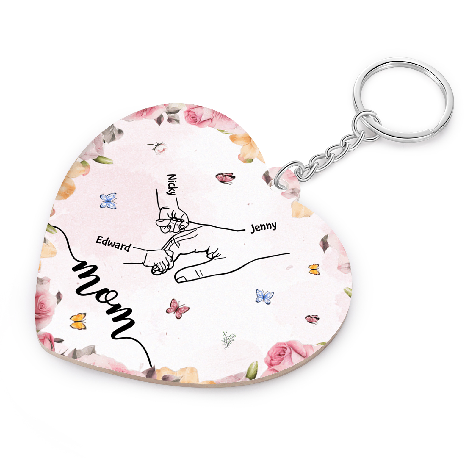 3 Names - Personalized Keychain Customized 3 Names and 1 Text Hand in Hand Keychain Gift for Mum/Nana