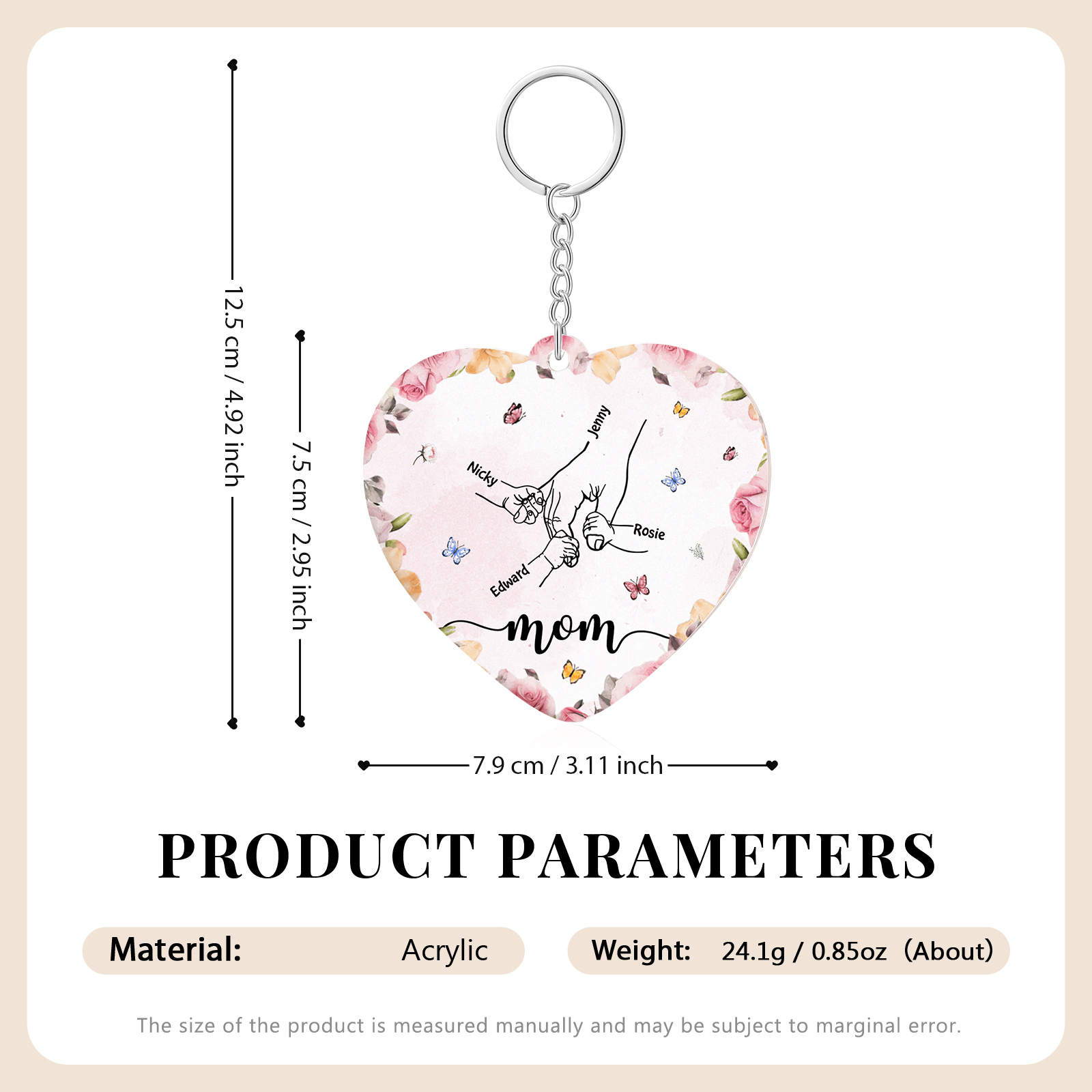 4 Names - Personalized Keychain Customized 4 Names and 1 Text Hand in Hand Keychain Gift for Mum/Nana