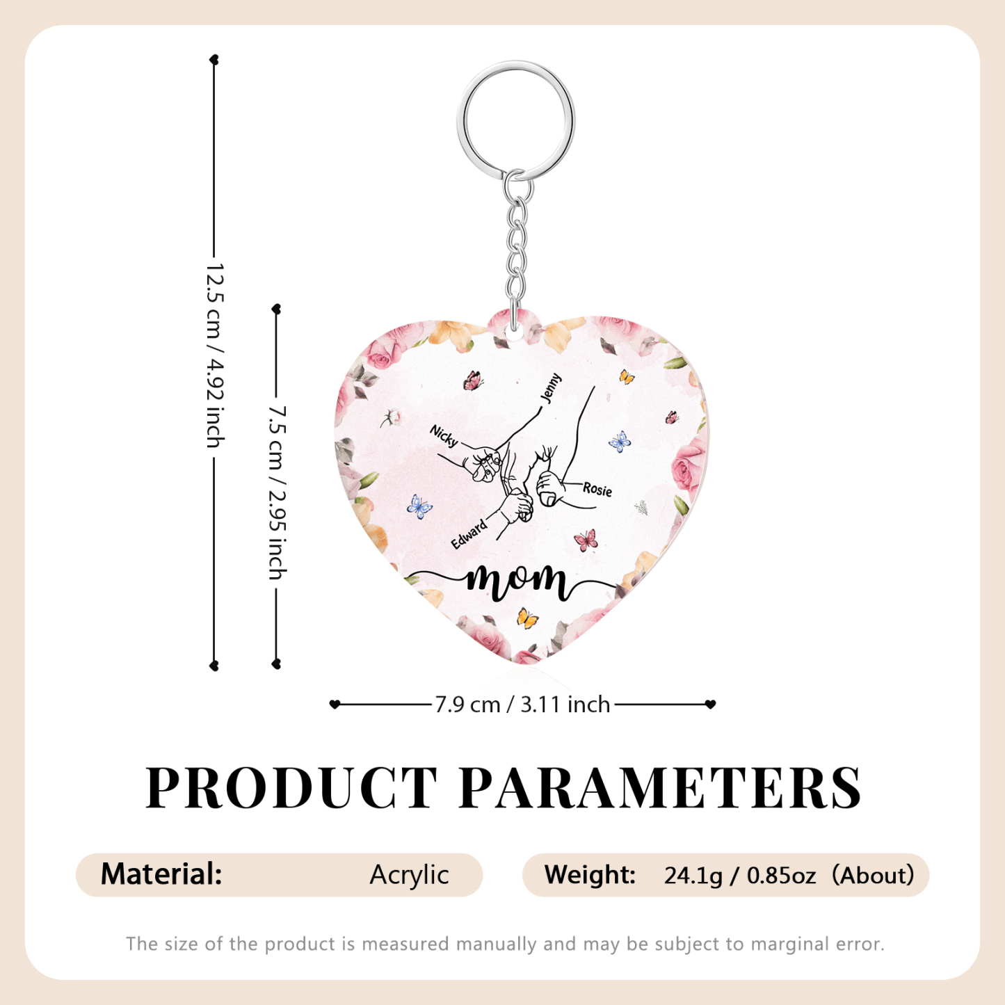 4 Names - Personalized Keychain Customized 4 Names and 1 Text Hand in Hand Keychain Gift for Mum/Nana