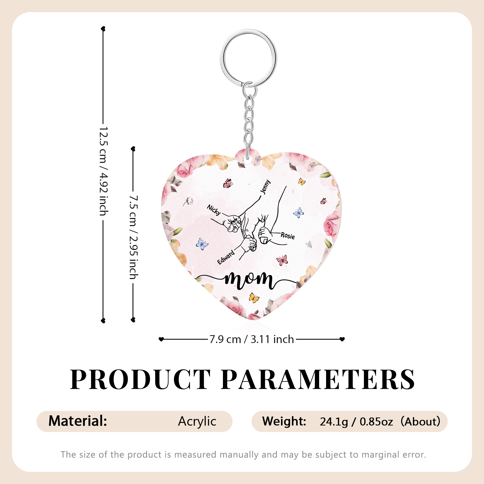 4 Names - Personalized Keychain Customized 4 Names and 1 Text Hand in Hand Keychain Gift for Mum/Nana