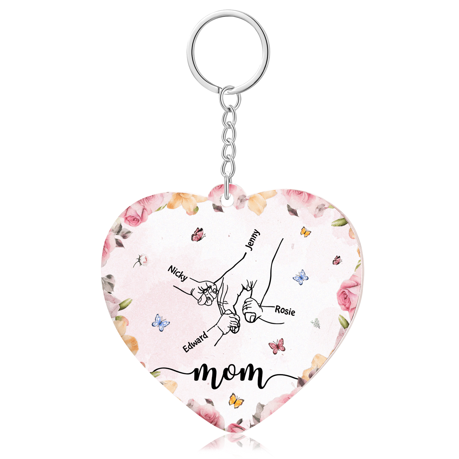 4 Names - Personalized Keychain Customized 4 Names and 1 Text Hand in Hand Keychain Gift for Mum/Nana