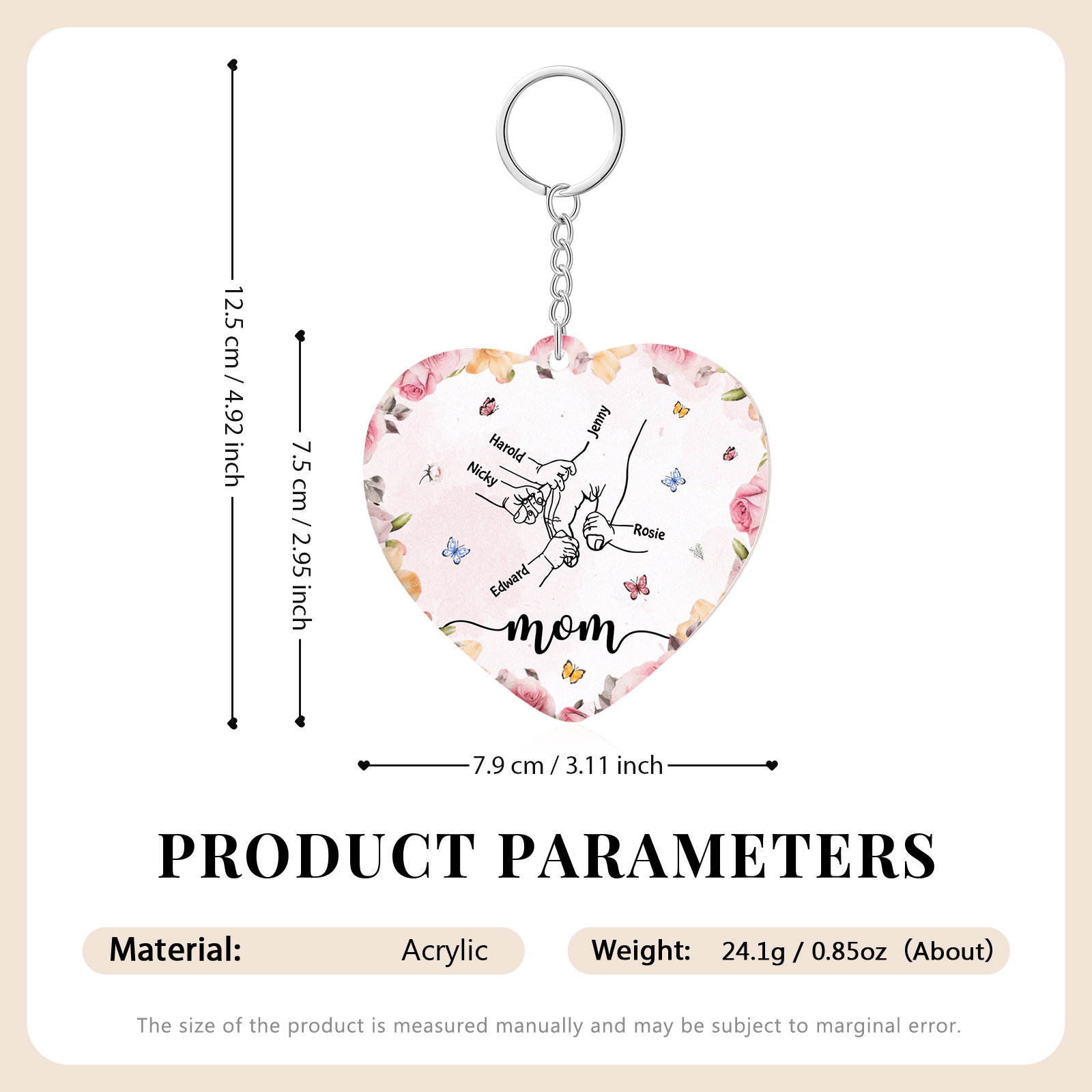 5 Names - Personalized Keychain Customized 5 Names and 1 Text Hand in Hand Keychain Gift for Mum/Nana