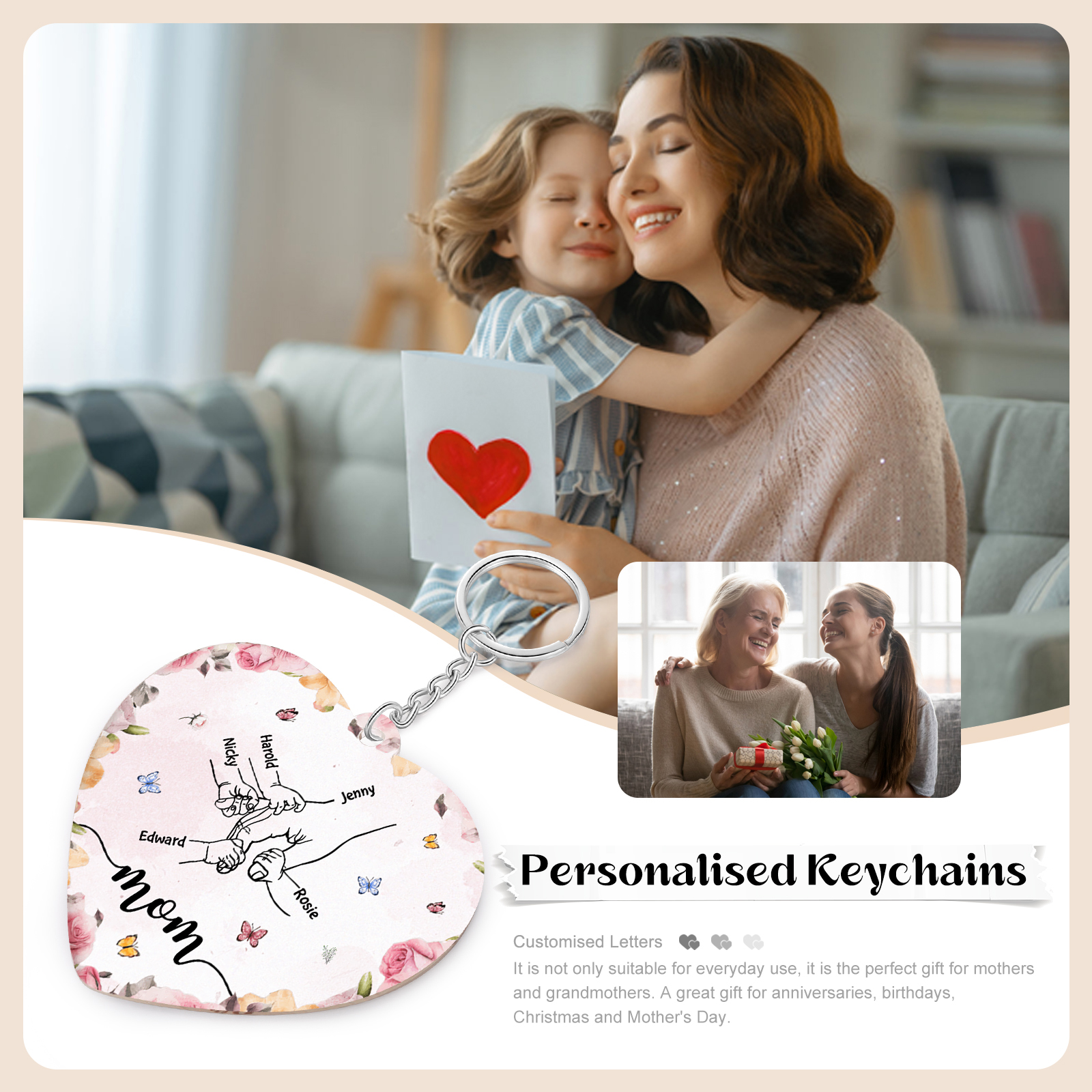 5 Names - Personalized Keychain Customized 5 Names and 1 Text Hand in Hand Keychain Gift for Mum/Nana