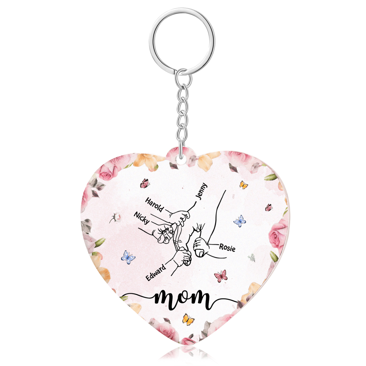 5 Names - Personalized Keychain Customized 5 Names and 1 Text Hand in Hand Keychain Gift for Mum/Nana