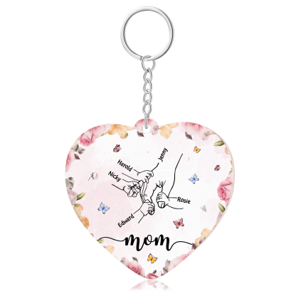 5 Names - Personalized Keychain Customized 5 Names and 1 Text Hand in Hand Keychain Gift for Mum/Nana