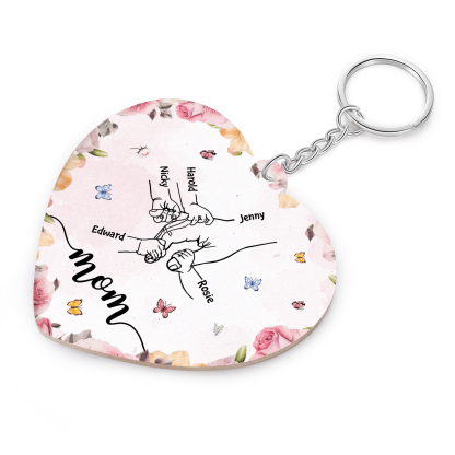 5 Names - Personalized Keychain Customized 5 Names and 1 Text Hand in Hand Keychain Gift for Mum/Nana