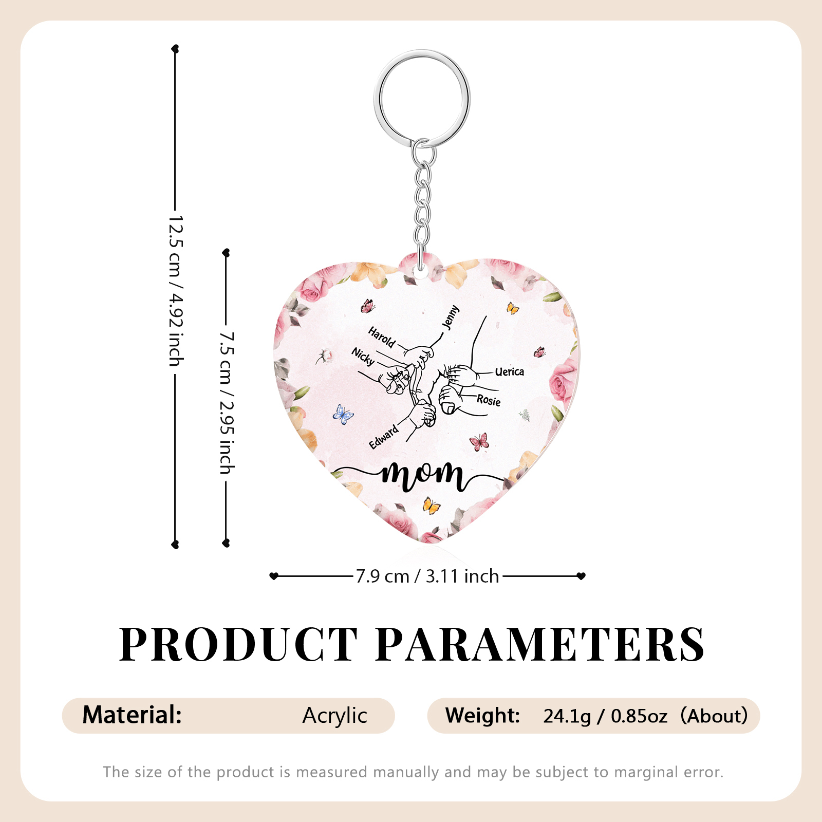 6 Names - Personalized Keychain Customized 6 Names and 1 Text Hand in Hand Keychain Gift for Mum/Nana