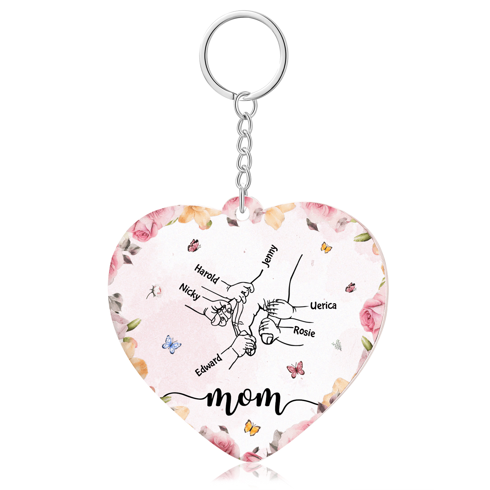 6 Names - Personalized Keychain Customized 6 Names and 1 Text Hand in Hand Keychain Gift for Mum/Nana