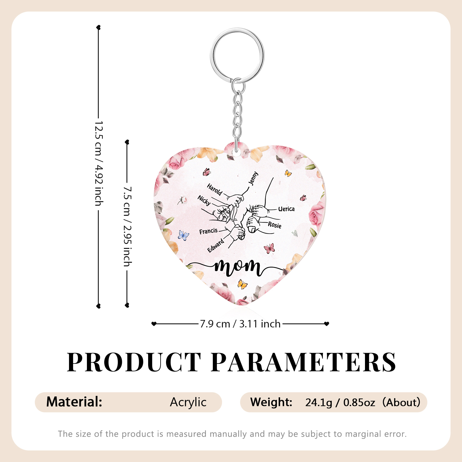 7 Names - Personalized Keychain Customized 7 Names and 1 Text Hand in Hand Keychain Gift for Mum/Nana