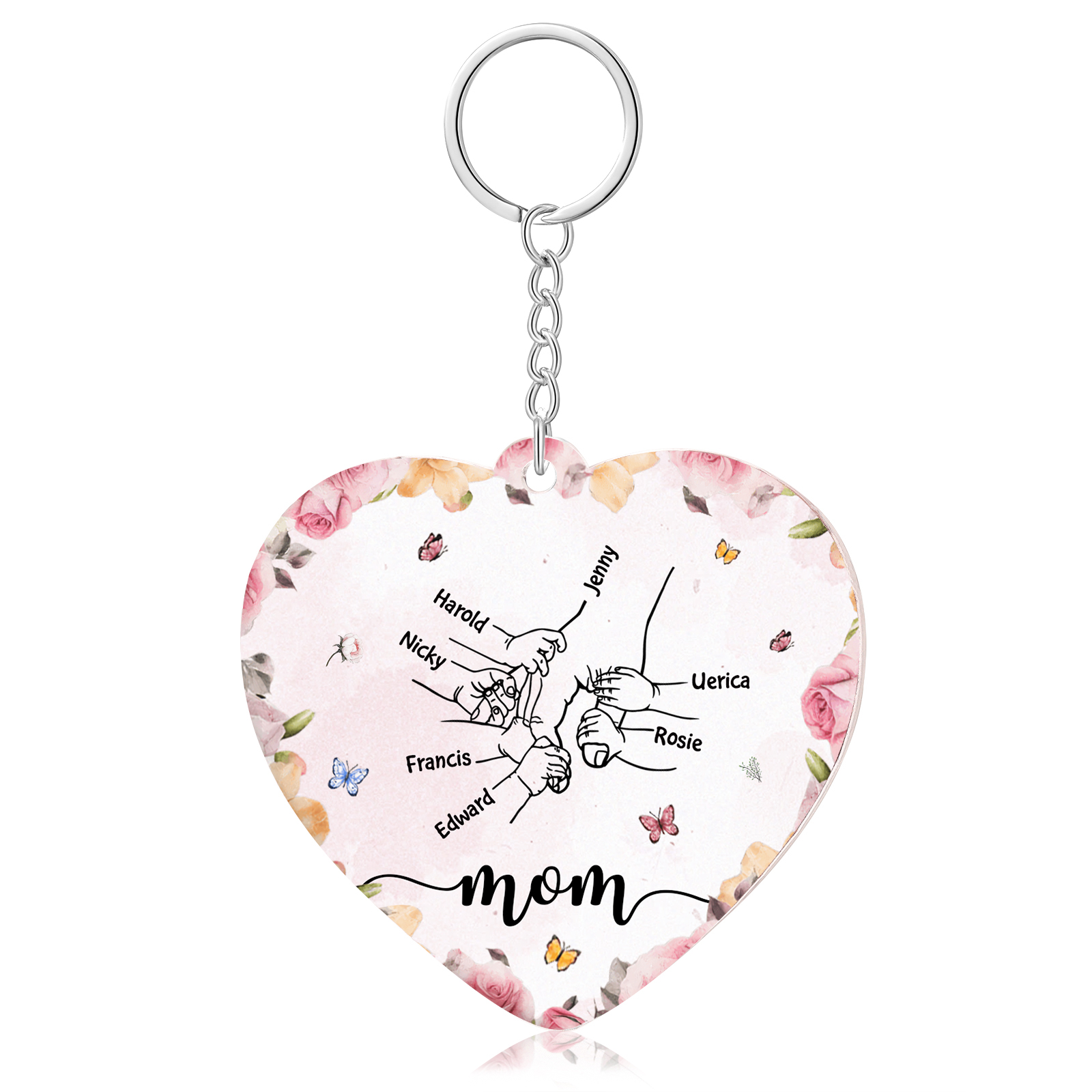 7 Names - Personalized Keychain Customized 7 Names and 1 Text Hand in Hand Keychain Gift for Mum/Nana