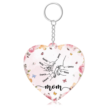 7 Names - Personalized Keychain Customized 7 Names and 1 Text Hand in Hand Keychain Gift for Mum/Nana