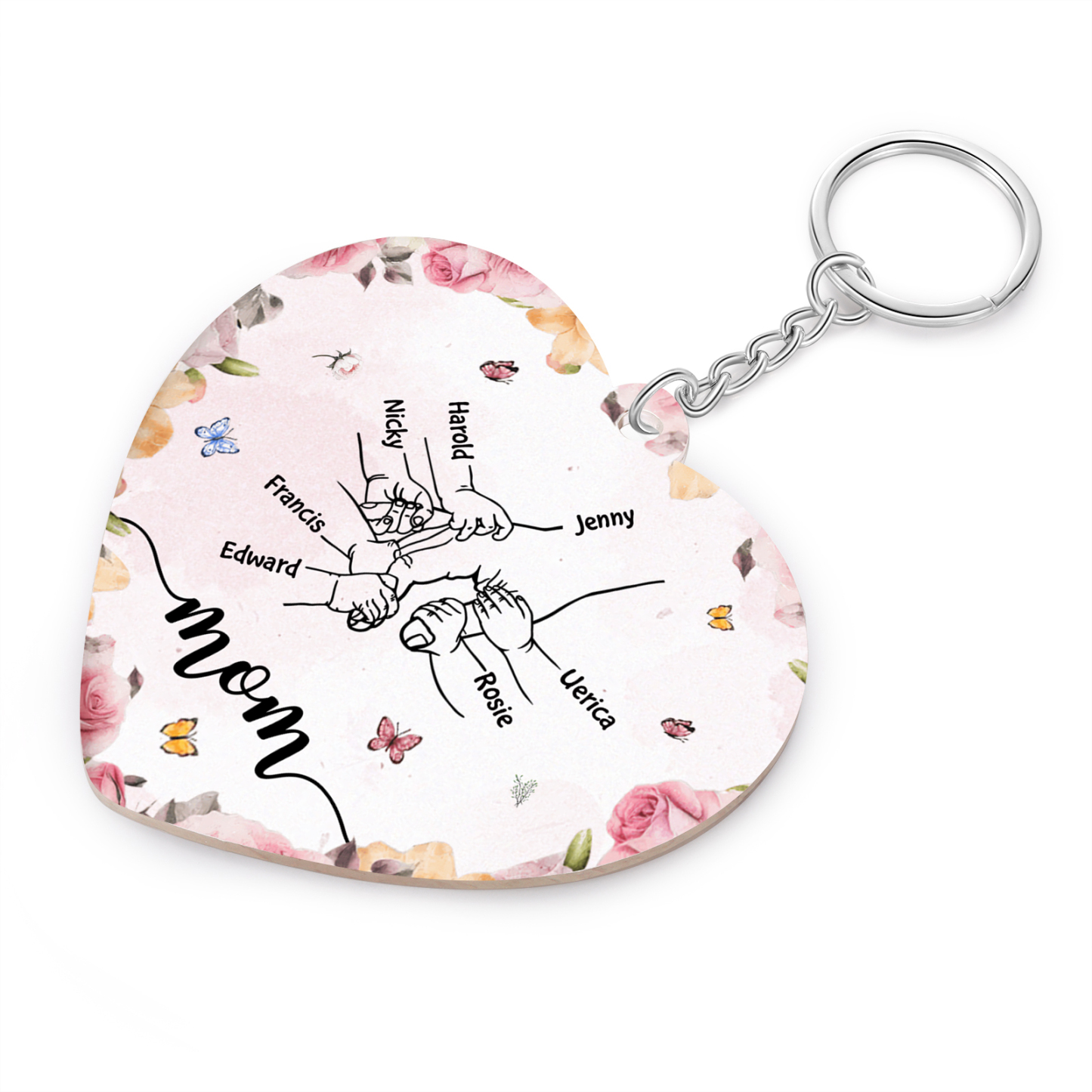 7 Names - Personalized Keychain Customized 7 Names and 1 Text Hand in Hand Keychain Gift for Mum/Nana