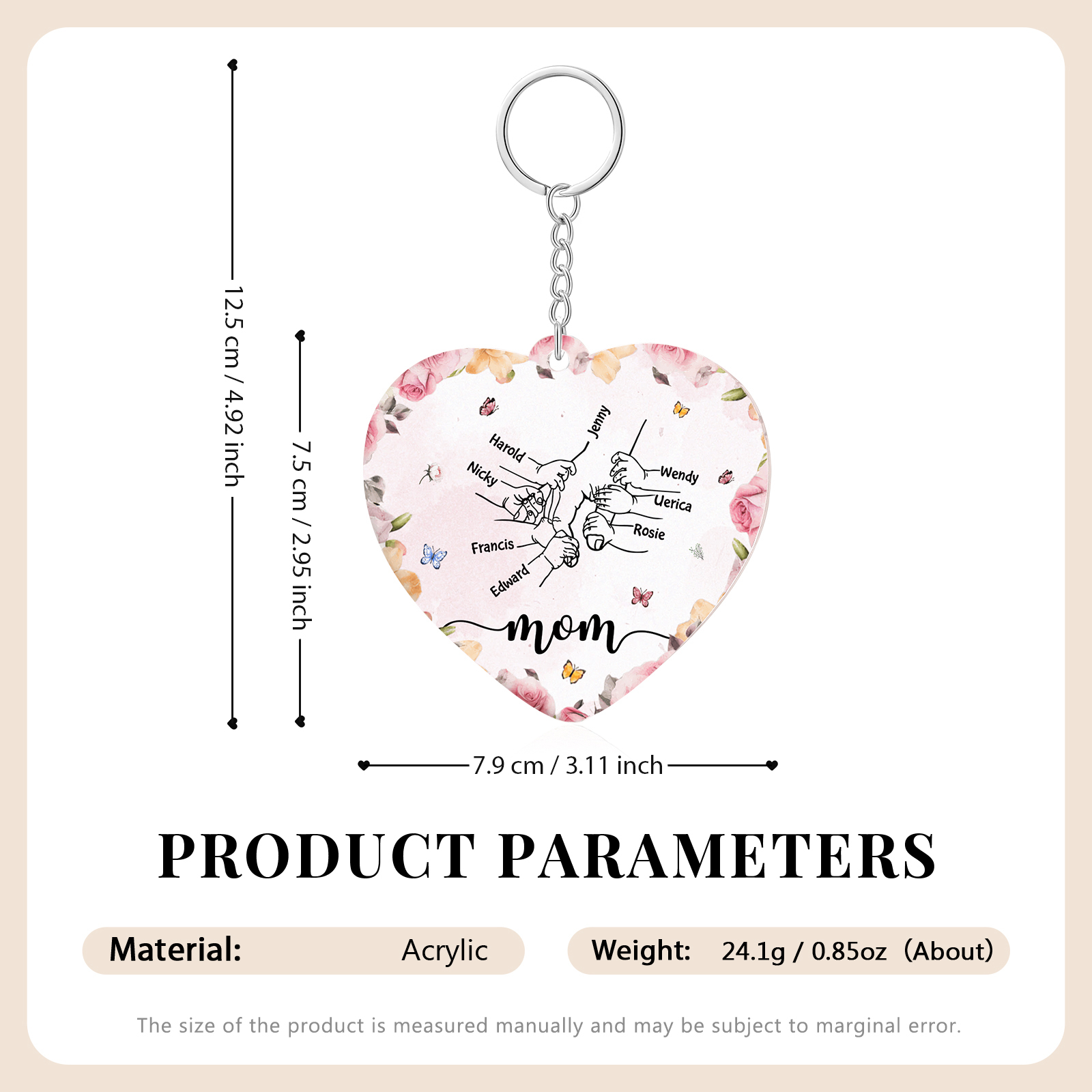 8 Names - Personalized Keychain Customized 8 Names and 1 Text Hand in Hand Keychain Gift for Mum/Nana