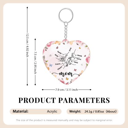 8 Names - Personalized Keychain Customized 8 Names and 1 Text Hand in Hand Keychain Gift for Mum/Nana