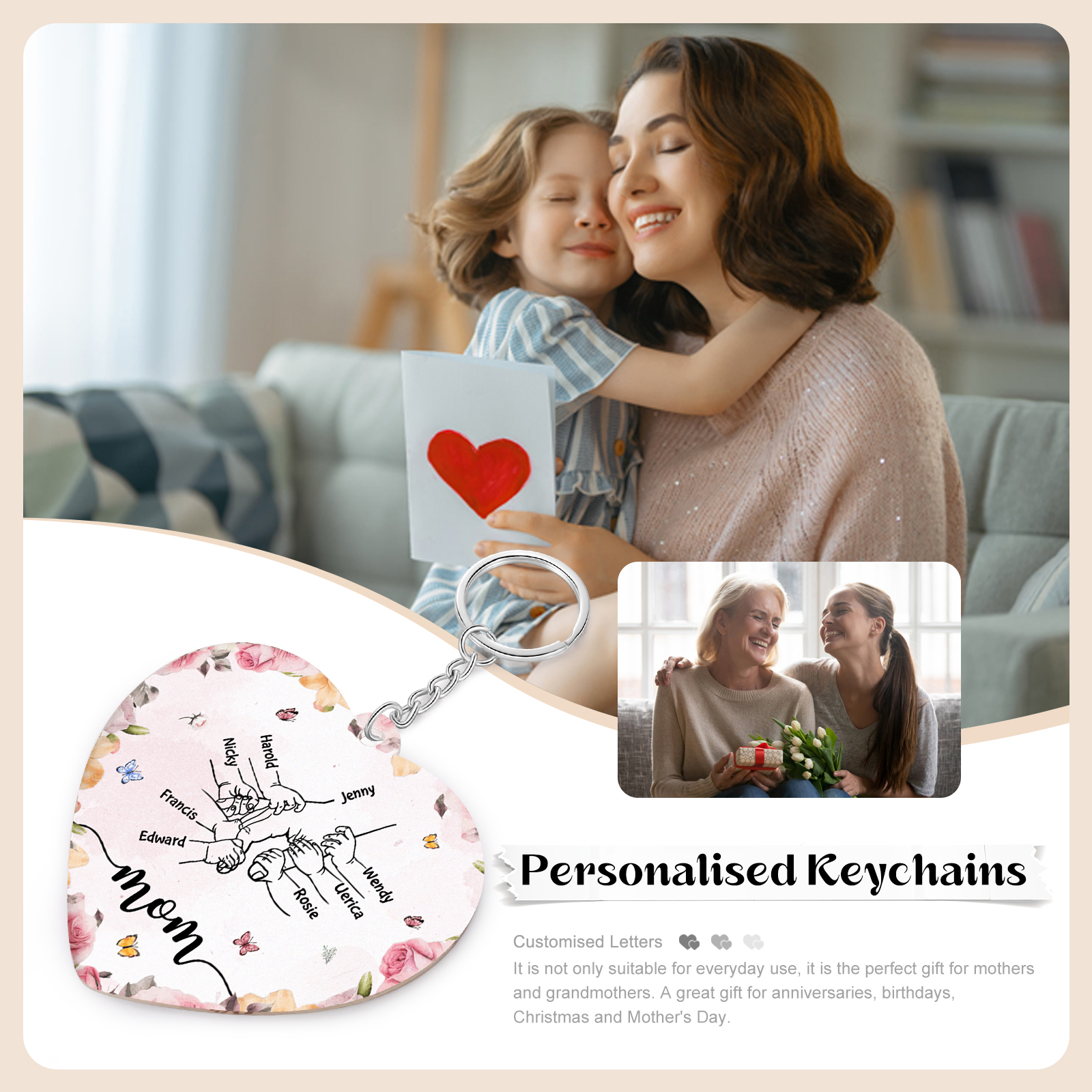 8 Names - Personalized Keychain Customized 8 Names and 1 Text Hand in Hand Keychain Gift for Mum/Nana