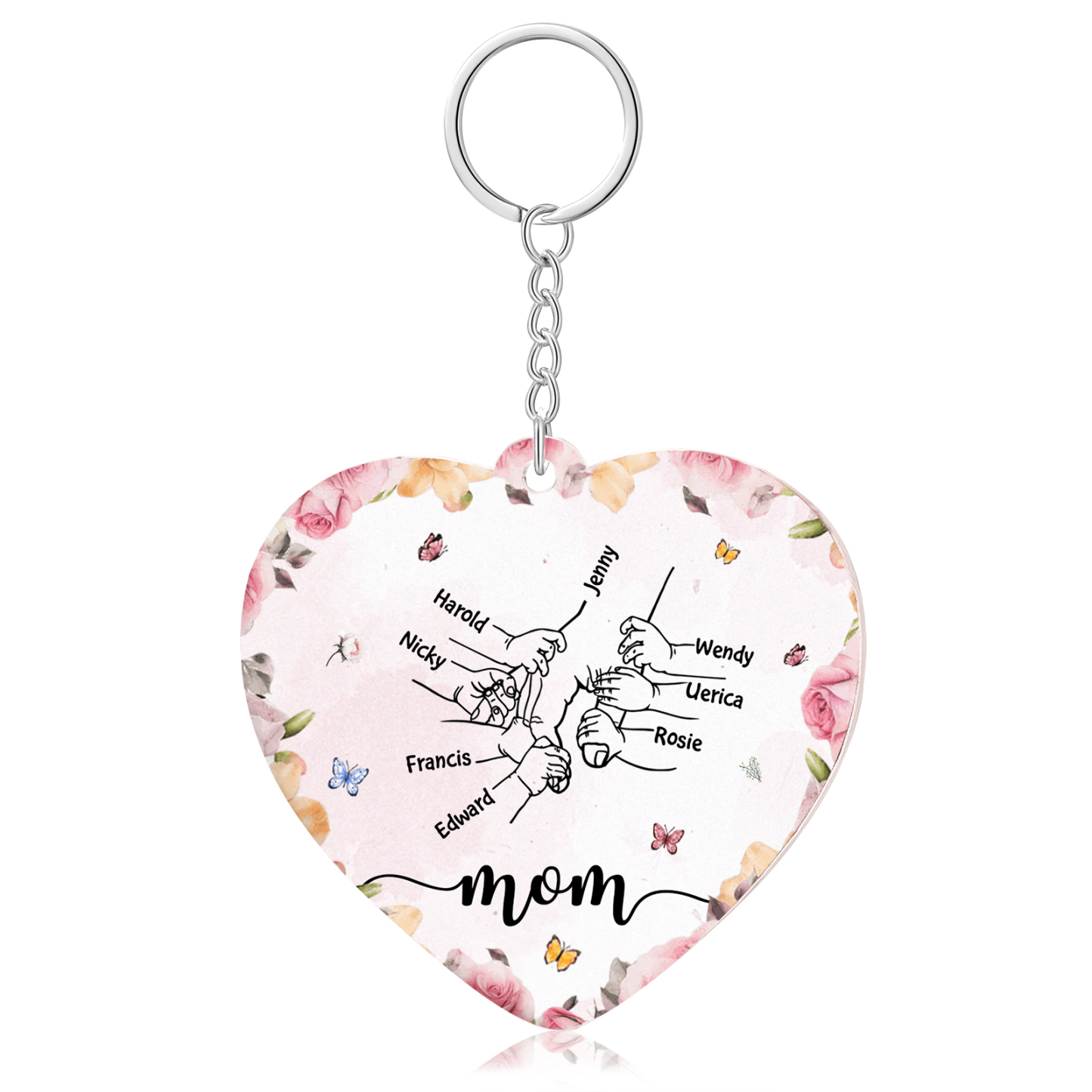 8 Names - Personalized Keychain Customized 8 Names and 1 Text Hand in Hand Keychain Gift for Mum/Nana