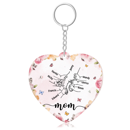 8 Names - Personalized Keychain Customized 8 Names and 1 Text Hand in Hand Keychain Gift for Mum/Nana